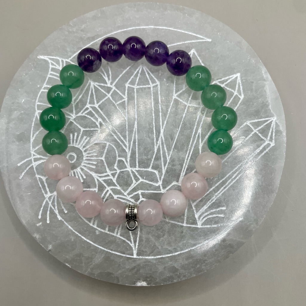 Beaded 8mm Bracelet Ros Quartz Green Aventurine & Amethyst.Hang Charm 3/5$ Each